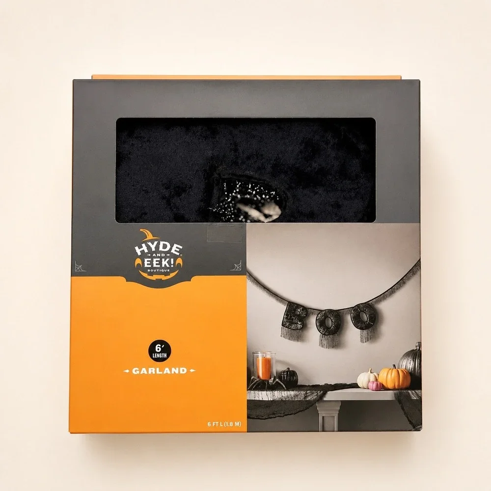 Hyde & EEK Boutique Black Velvet BOO Halloween Garland Silver Tinsel Fringe 6ft